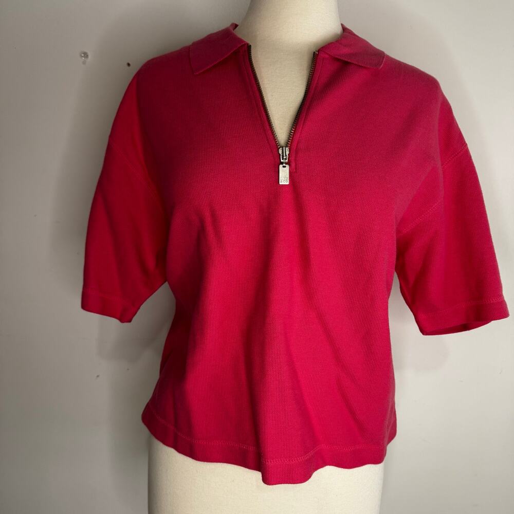 VINTAGE | 90s Liz & Co Pink 1/4 Zip Cotton Boxy Cropped Blouse Size Large